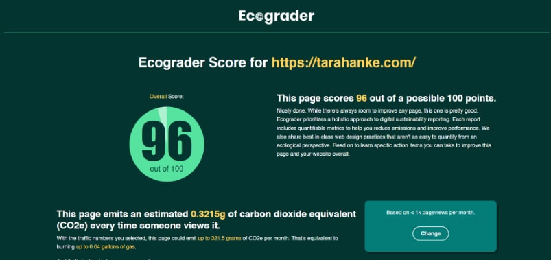 Report zum ökologischen Webdesign von tarahanke.com von Ecograder