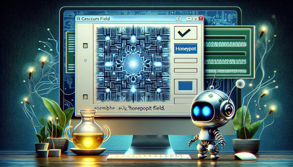 Honeypot und Captcha am Bildschirm mit Bot, der attackiert und zusieht
